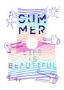 Summer Party `Life is beautiful` typographic poster design with funny bizarre graphic linear characters. Cartoon heads of rabbit,